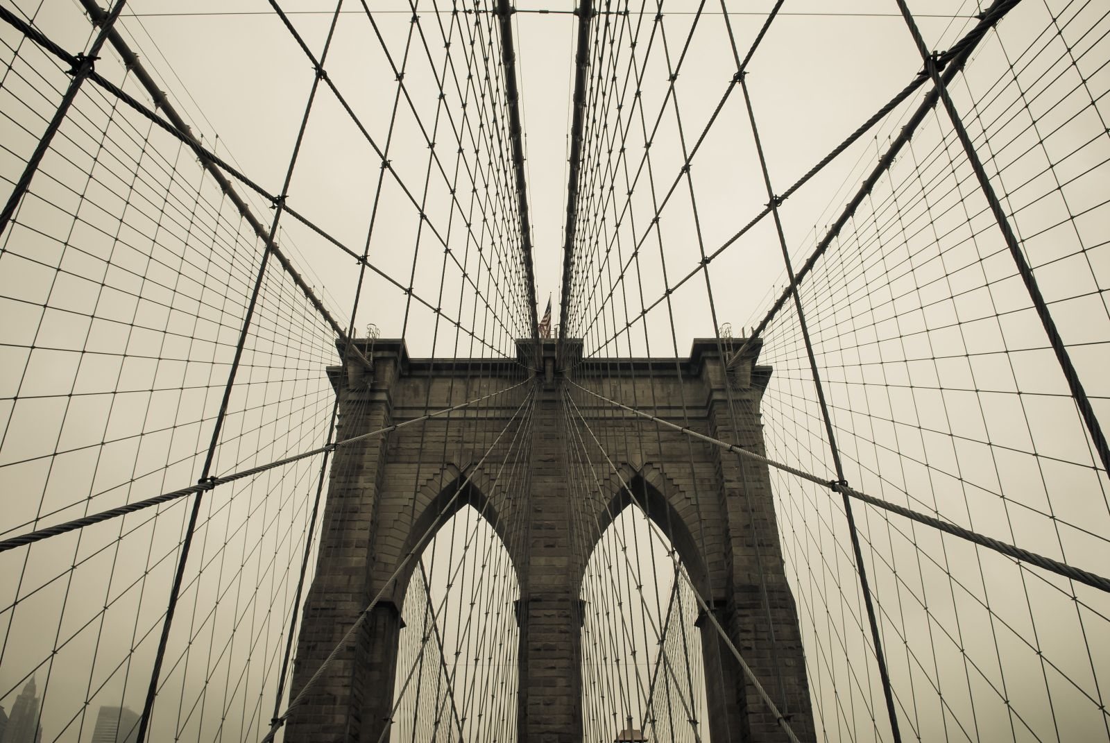The cables of the Brooklyn Bridge against the sky.