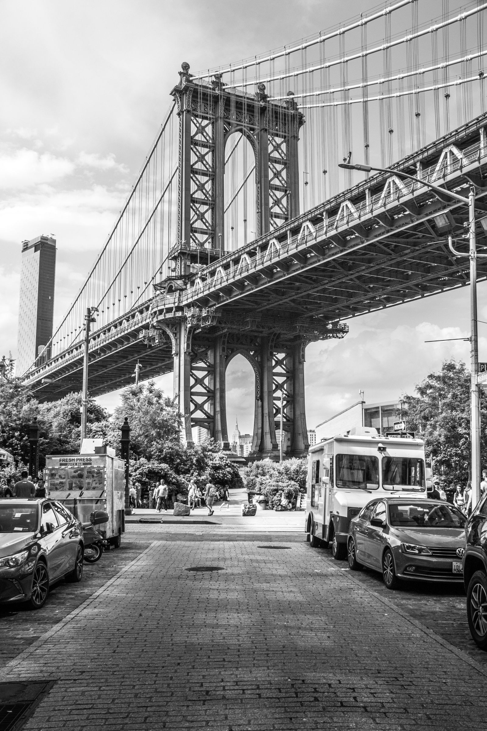 Manhattan Bridge above a Brooklyn street.