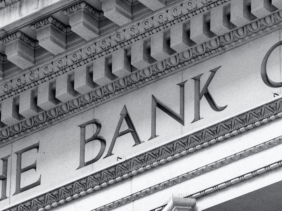 The stone columns of a bank.
